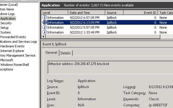 IpBlock EventViewer log entries